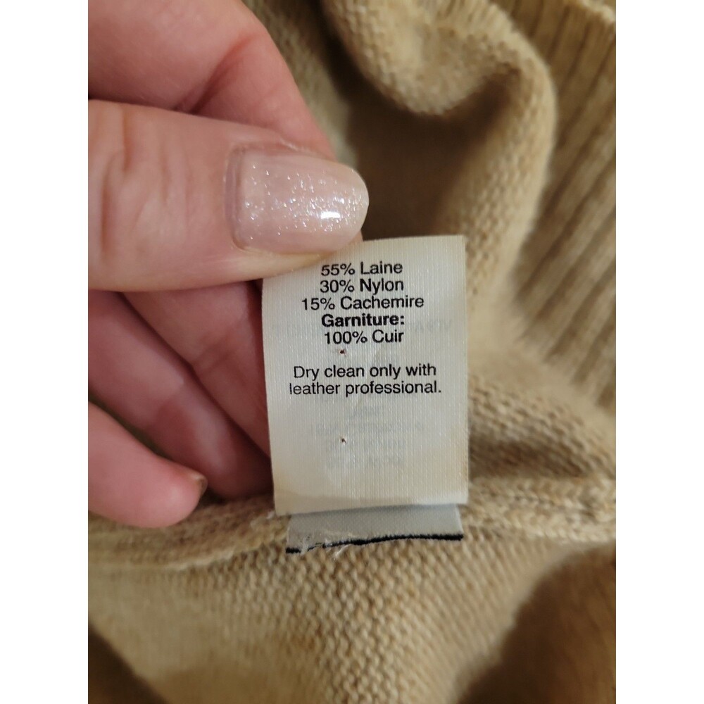 J.Crew Wool Cashmere V Neck Sweater Women's M Beige Black Leather Sleeve Panels - Picture 7 of 7